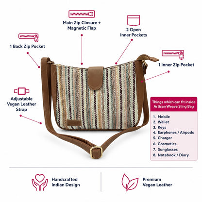 Sand Artisan Weave Handcrafted Sling Bag for Women (Sand, vegan leather) - view 6