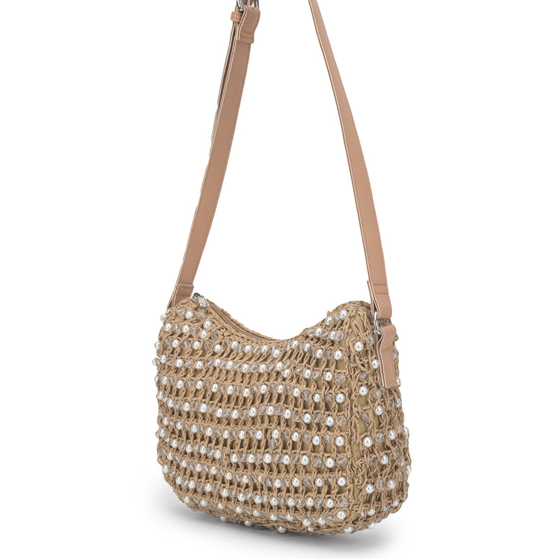 Faroon - Raffia & Crystal Beads Crossbody Bag